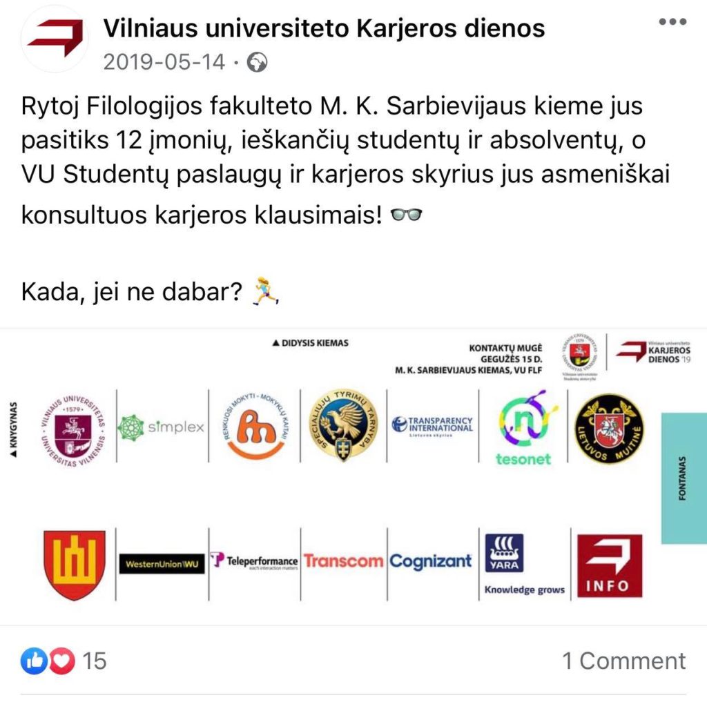Vilniaus universiteto Karjeros dienų skelbimas feisbuke: rytoj Filologijos fakulteto kiemelyje jus pasitiks 12 darbuotojų ieškančių įmonių