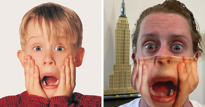 Du paveikslėliai su Makauli Kalkinu, vienas – iš filmo „Vienas namuose“, kitame – Kalkinas su veido kauke