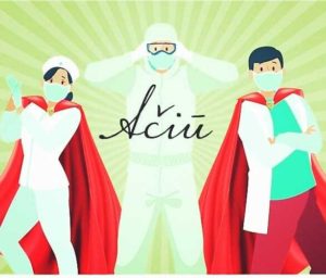 Atviruke pavaizduoti super herojų mantijas dėvintys sveikatos apsaugos darbuotojai (slaugė, sanitaras ir gydytojas), per vidurį kursyvu užrašyta "Ačiū".
