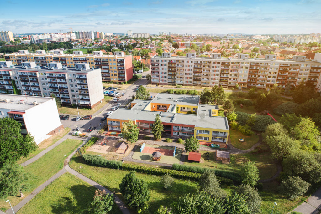 blocks of flats in Písnice, Prague, with a kindergarten in the center