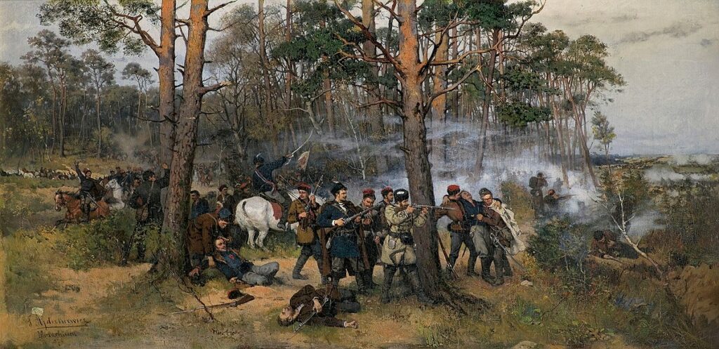 Paveikslas, vaizduojantis sukilėlius Lenkijoje, kovojančius miške 1863 metų sukilime