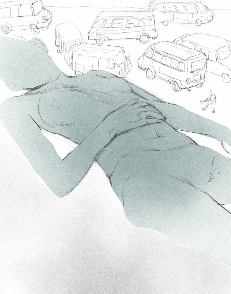 Meninė iliustracija – moters kūnas tarp mašinų siluetų
