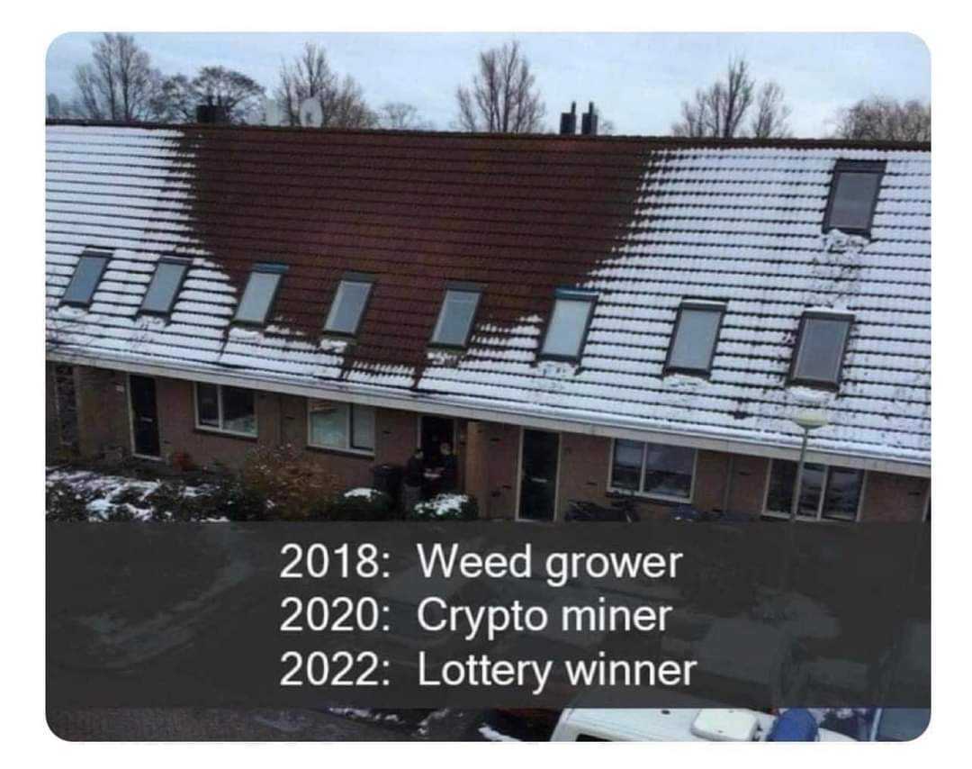 Namas su apsnigtu stogu. Stogo vidury sniegas aptirpęs. Užrašas: anglų kalba: "2018: žolės augintojai, 2020 kripto valiutų kasėjai, 2022 loterijos laimėtojai"