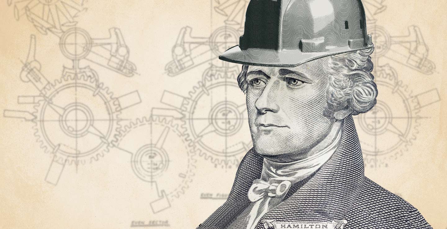 A. Hamiltono iliustracija, kurioje jis dėvi statybininko saugos šalmą