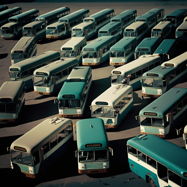 aikštelė, kurioje - daugybė retro stiliaus autobusų