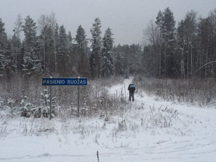 Lietuvos pasienio ruožas žiemą, tolumoje matyti žmogus su kuprine