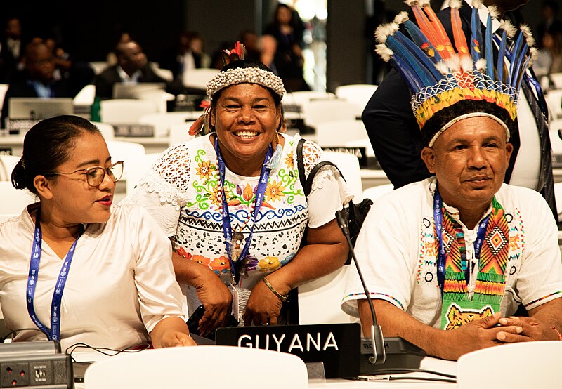 Trys žmonės klimato kaitos konferencijoje Dubajuje, prieš juos užrašas "Guyana", vienas iš jų ant galvos dėvi plunksnas