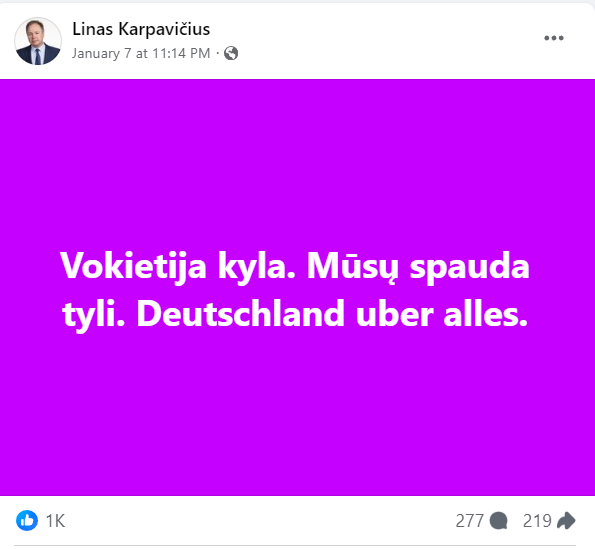 Lino Karpavičiaus feisbuko postas su užrašu Deutschland uber allles