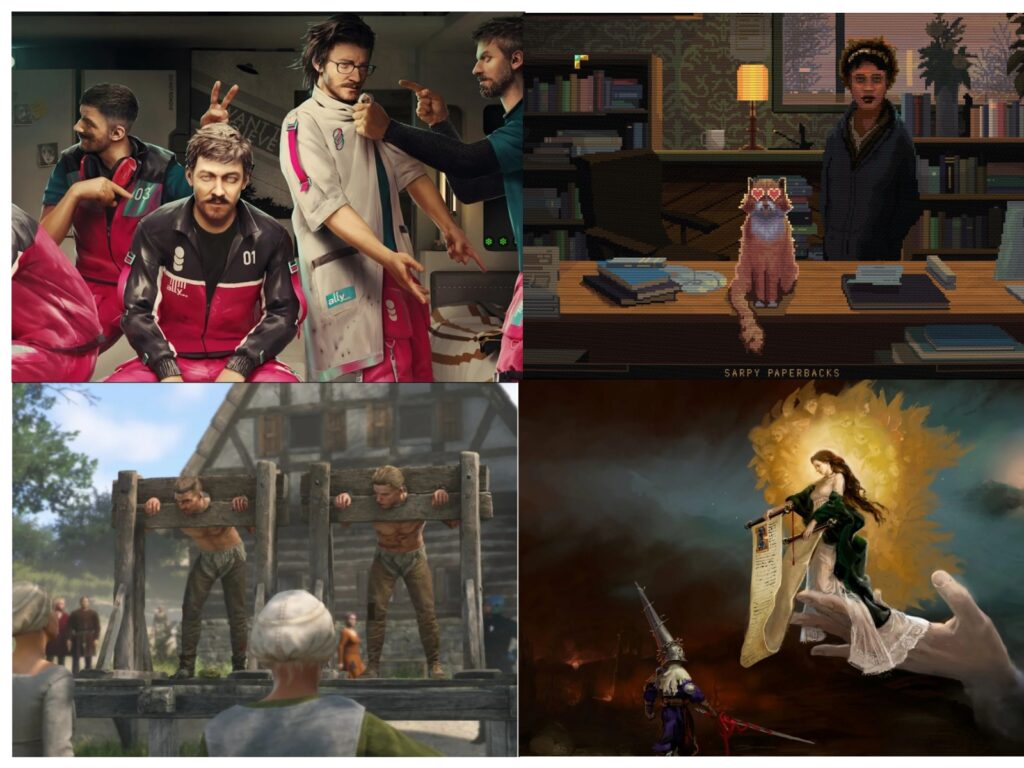 Keturių žaidimų koliažas: „The Alters“, „Norco“, „Kingdom Come: Deliverance 2“, „Blasphemous“