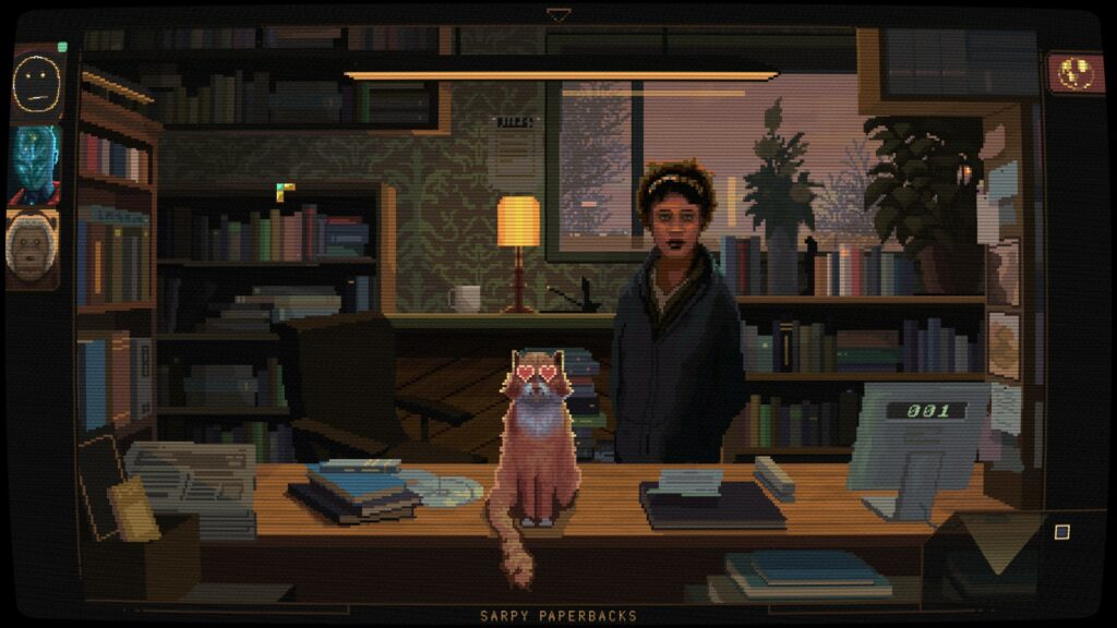 „Norco“ stopkadras: knygynas, ant kurio stalo sėdi katinas su širdutėmis vietoj akių