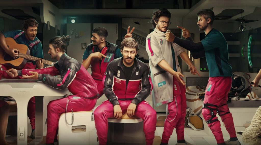 Žaidimo „The Alters“ plakatas: septynios Jano Dolskio versijos